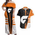 Personalized Greater Western Sydney Giants Couples Matching Off Shoulder Maxi Dress and Hawaiian Shirt Modern Geometric Sports Graphic Style