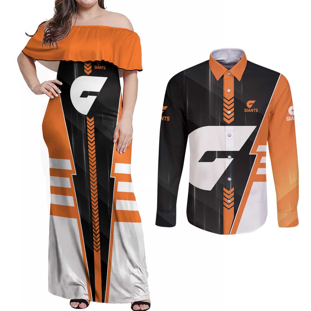 Personalized Greater Western Sydney Giants Couples Matching Off Shoulder Maxi Dress and Long Sleeve Button Shirt Modern Geometric Sports Graphic Style
