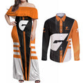 Personalized Greater Western Sydney Giants Couples Matching Off Shoulder Maxi Dress and Long Sleeve Button Shirt Modern Geometric Sports Graphic Style