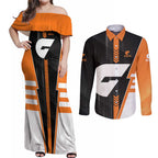 Personalized Greater Western Sydney Giants Couples Matching Off Shoulder Maxi Dress and Long Sleeve Button Shirt Modern Geometric Sports Graphic Style