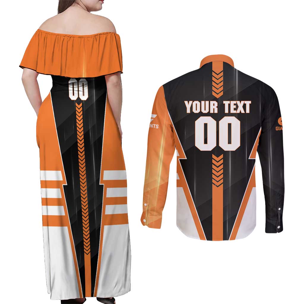 Personalized Greater Western Sydney Giants Couples Matching Off Shoulder Maxi Dress and Long Sleeve Button Shirt Modern Geometric Sports Graphic Style