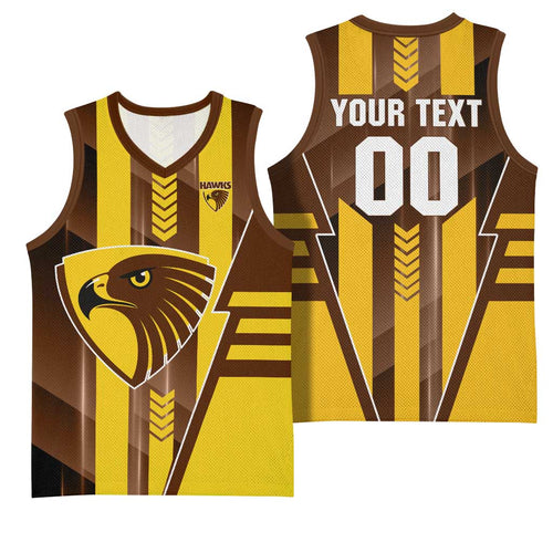 Personalized Hawthorn Hawks Basketball Jersey Modern Geometric Sports Graphic Style