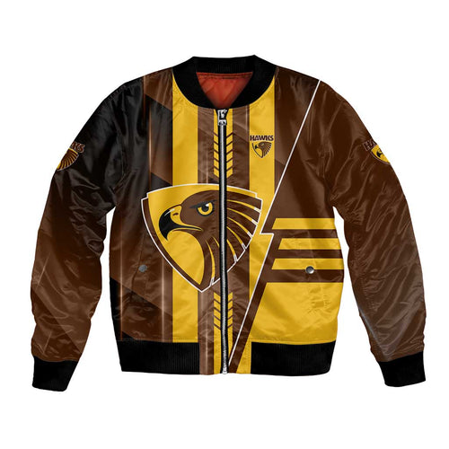 Personalized Hawthorn Hawks Bomber Jacket Modern Geometric Sports Graphic Style