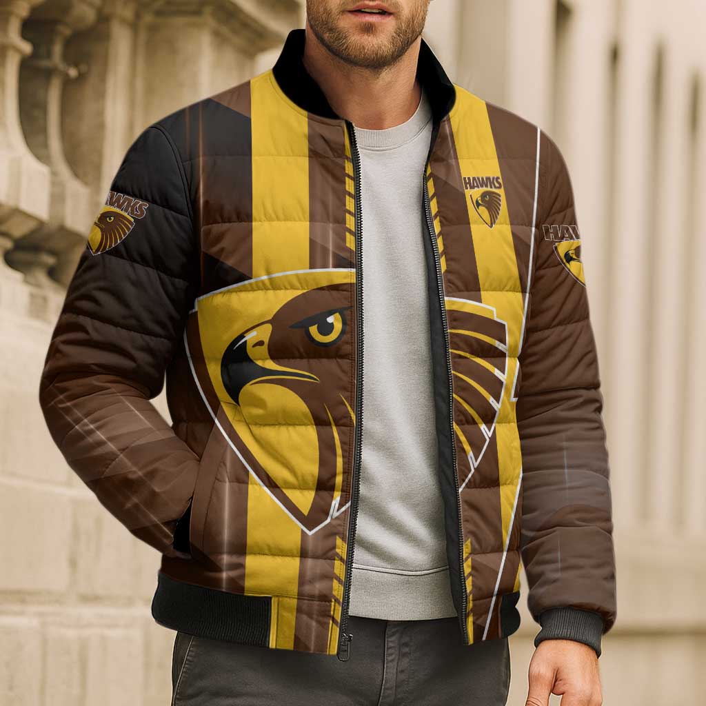 Personalized Hawthorn Hawks Bomber Puffer Jacket Modern Geometric Sports Graphic Style