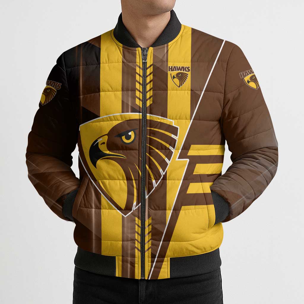 Personalized Hawthorn Hawks Bomber Puffer Jacket Modern Geometric Sports Graphic Style