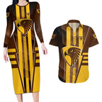 Personalized Hawthorn Hawks Couples Matching Long Sleeve Bodycon Dress and Hawaiian Shirt Modern Geometric Sports Graphic Style