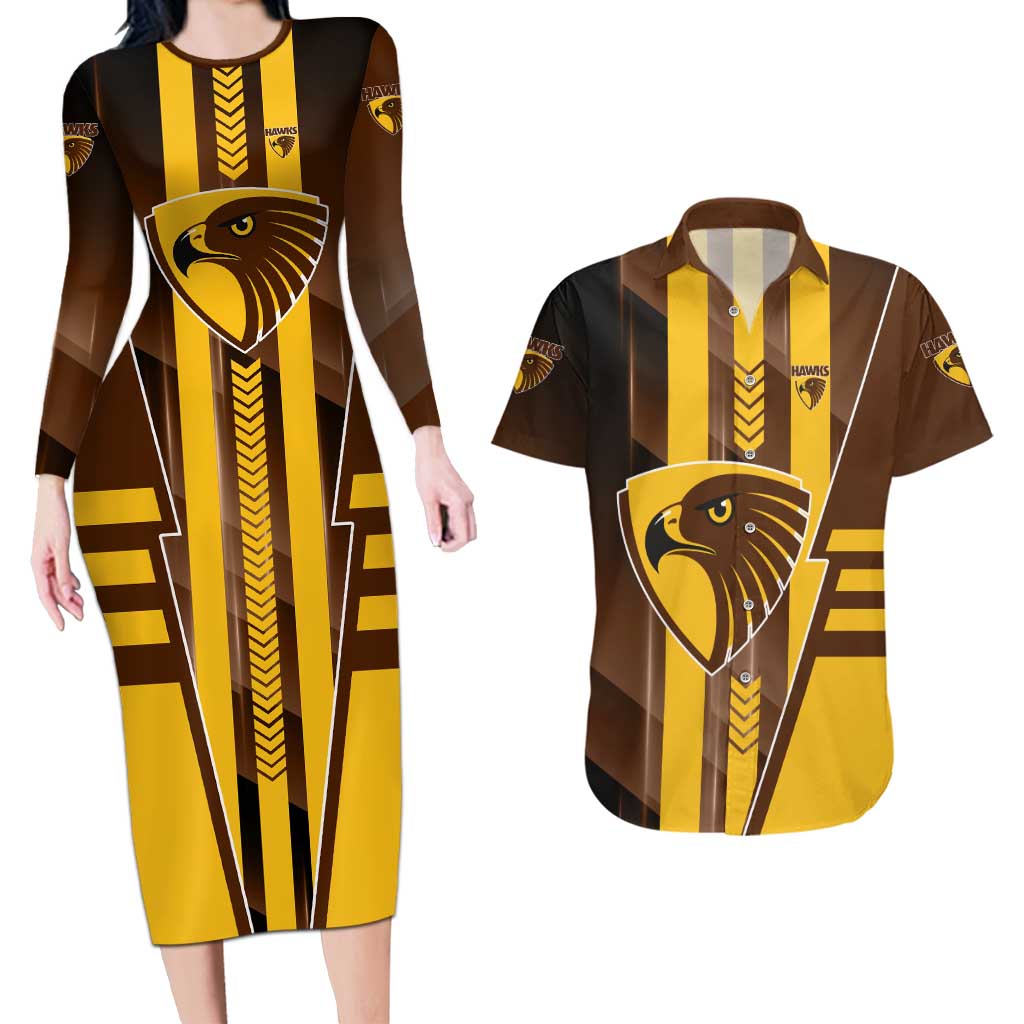 Personalized Hawthorn Hawks Couples Matching Long Sleeve Bodycon Dress and Hawaiian Shirt Modern Geometric Sports Graphic Style