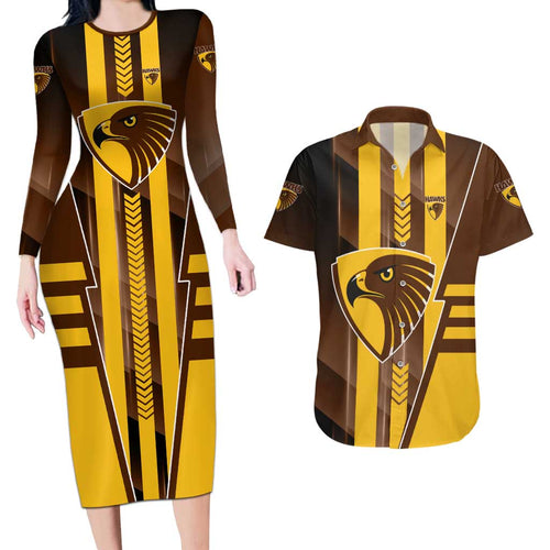 Personalized Hawthorn Hawks Couples Matching Long Sleeve Bodycon Dress and Hawaiian Shirt Modern Geometric Sports Graphic Style