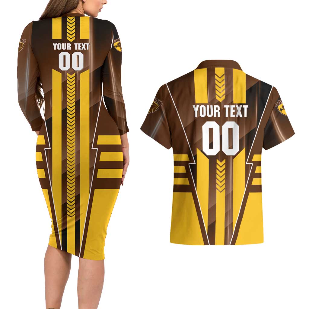 Personalized Hawthorn Hawks Couples Matching Long Sleeve Bodycon Dress and Hawaiian Shirt Modern Geometric Sports Graphic Style