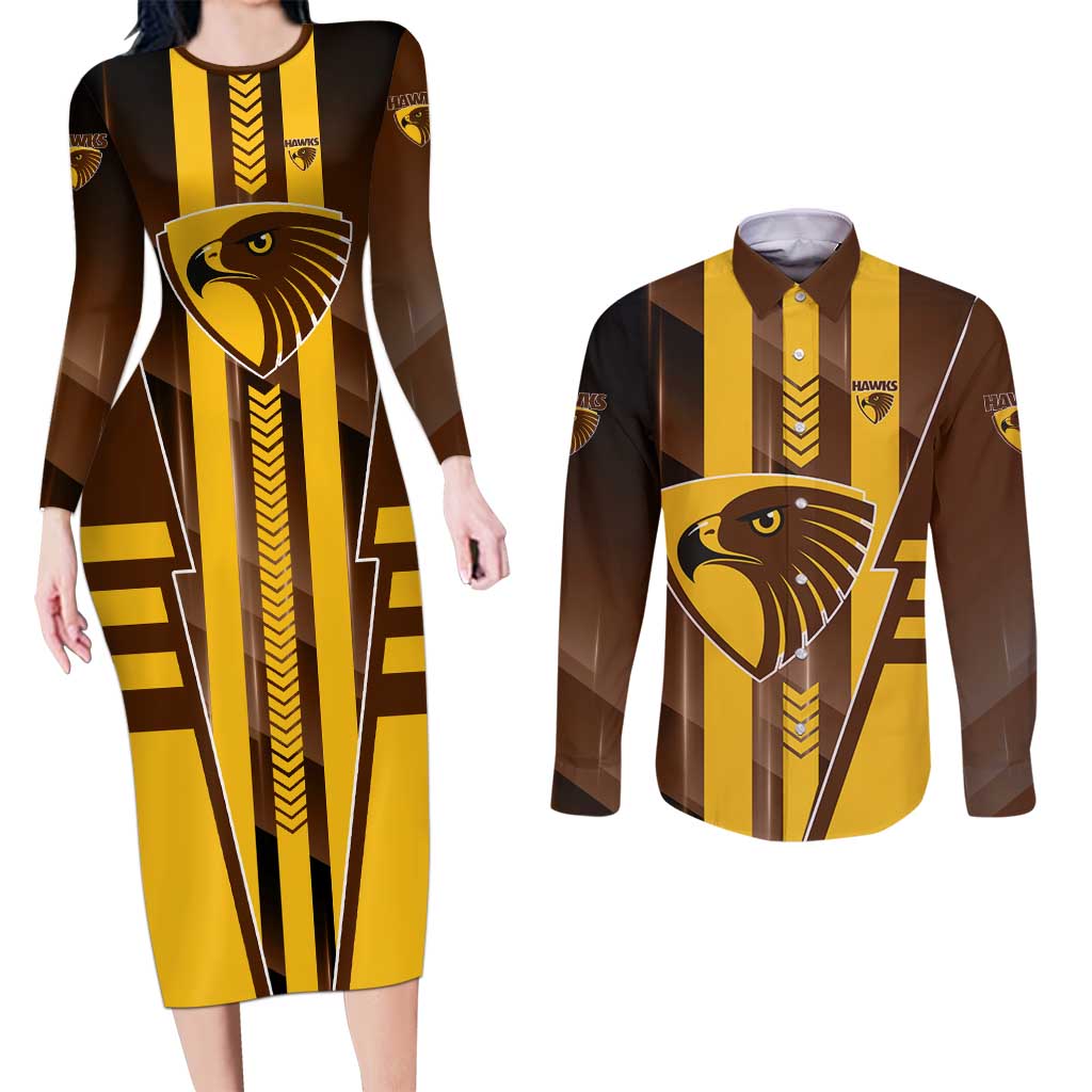 Personalized Hawthorn Hawks Couples Matching Long Sleeve Bodycon Dress and Long Sleeve Button Shirt Modern Geometric Sports Graphic Style