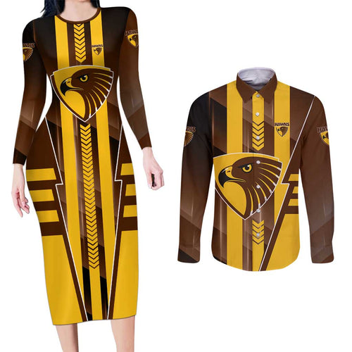 Personalized Hawthorn Hawks Couples Matching Long Sleeve Bodycon Dress and Long Sleeve Button Shirt Modern Geometric Sports Graphic Style