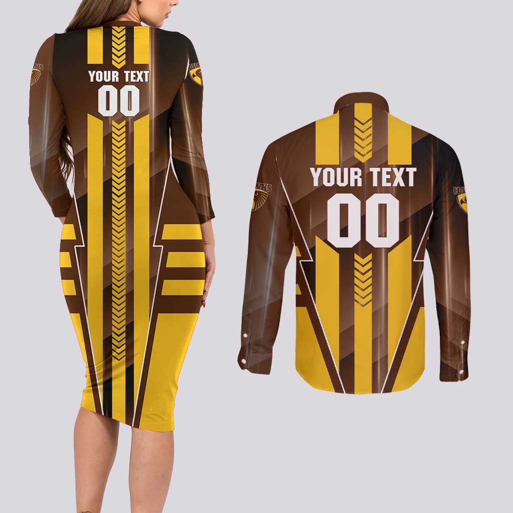 Personalized Hawthorn Hawks Couples Matching Long Sleeve Bodycon Dress and Long Sleeve Button Shirt Modern Geometric Sports Graphic Style