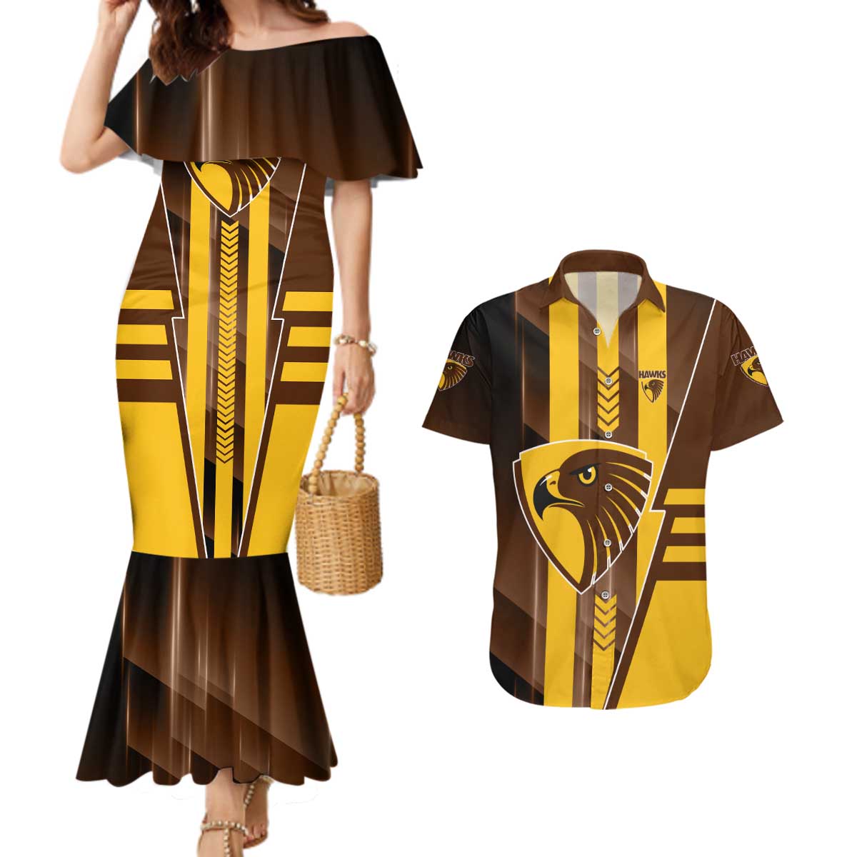 Personalized Hawthorn Hawks Couples Matching Mermaid Dress and Hawaiian Shirt Modern Geometric Sports Graphic Style