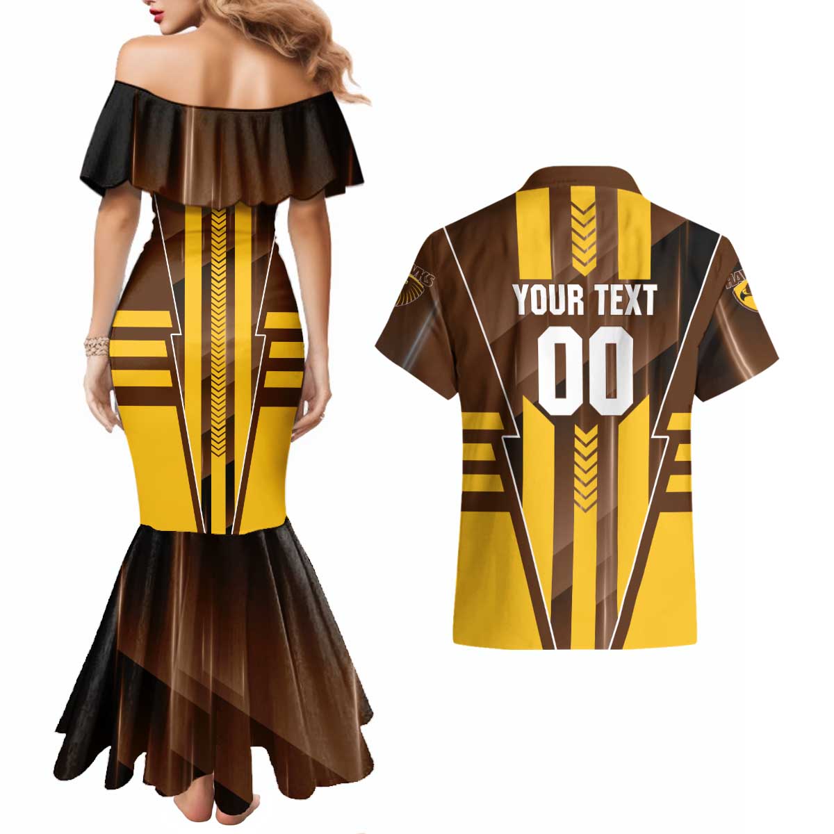 Personalized Hawthorn Hawks Couples Matching Mermaid Dress and Hawaiian Shirt Modern Geometric Sports Graphic Style