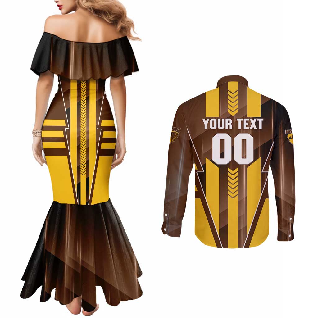 Personalized Hawthorn Hawks Couples Matching Mermaid Dress and Long Sleeve Button Shirt Modern Geometric Sports Graphic Style