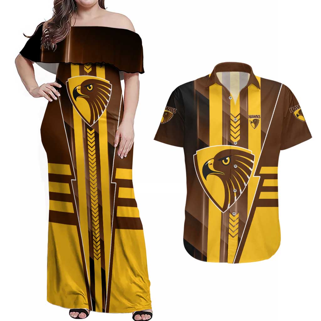 Personalized Hawthorn Hawks Couples Matching Off Shoulder Maxi Dress and Hawaiian Shirt Modern Geometric Sports Graphic Style