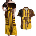 Personalized Hawthorn Hawks Couples Matching Off Shoulder Maxi Dress and Hawaiian Shirt Modern Geometric Sports Graphic Style