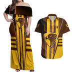Personalized Hawthorn Hawks Couples Matching Off Shoulder Maxi Dress and Hawaiian Shirt Modern Geometric Sports Graphic Style