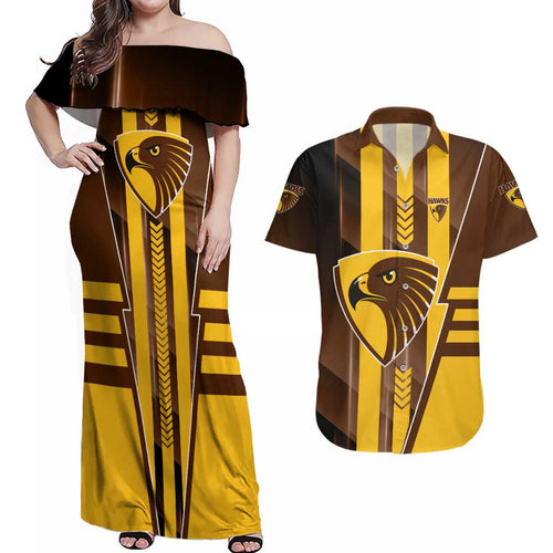 Personalized Hawthorn Hawks Couples Matching Off Shoulder Maxi Dress and Hawaiian Shirt Modern Geometric Sports Graphic Style