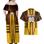 Personalized Hawthorn Hawks Couples Matching Off Shoulder Maxi Dress and Hawaiian Shirt Modern Geometric Sports Graphic Style