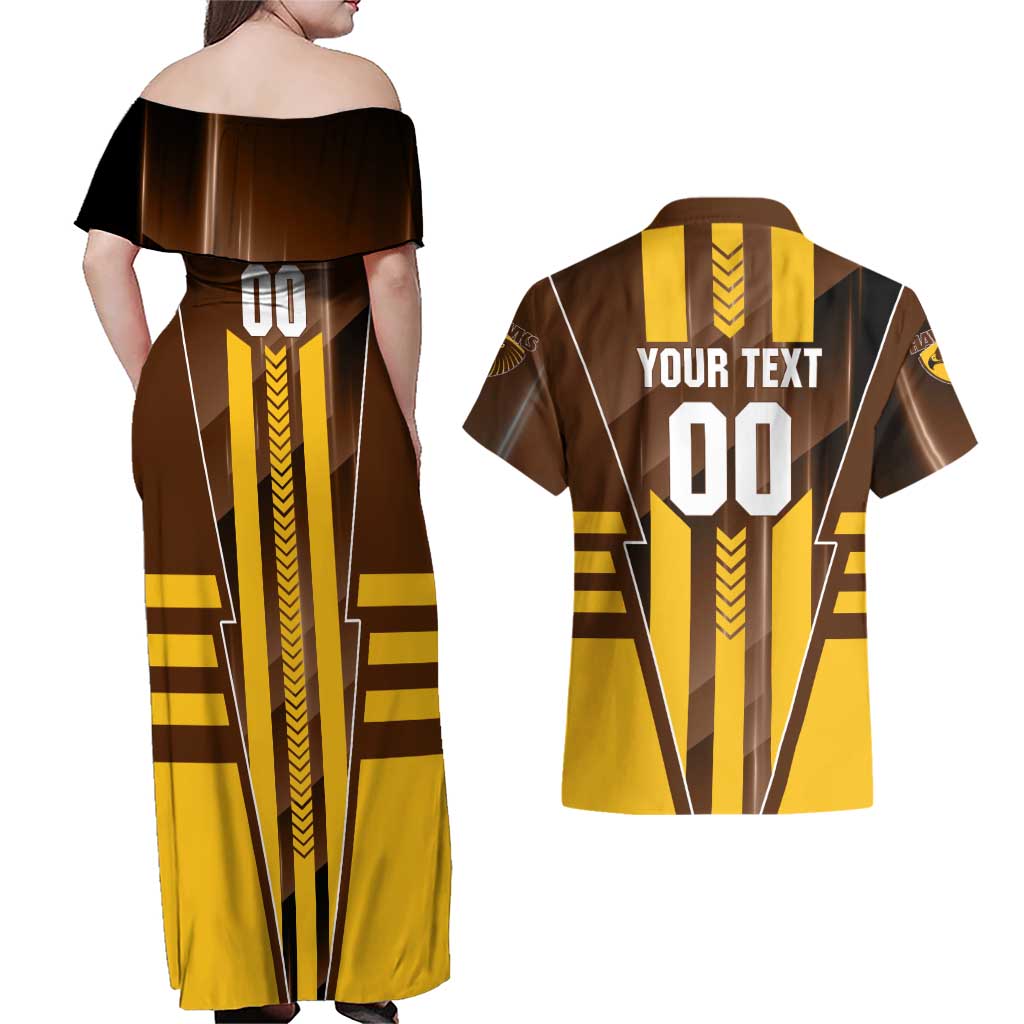 Personalized Hawthorn Hawks Couples Matching Off Shoulder Maxi Dress and Hawaiian Shirt Modern Geometric Sports Graphic Style