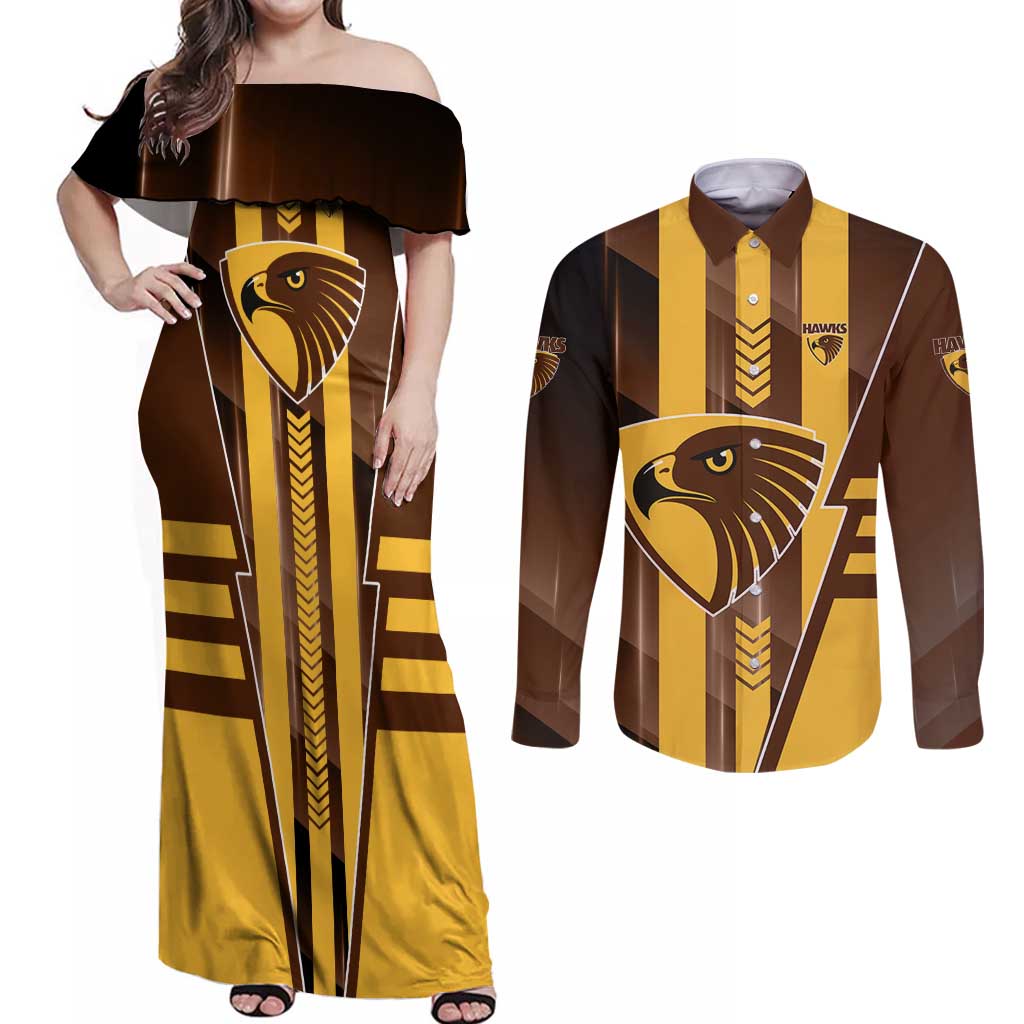 Personalized Hawthorn Hawks Couples Matching Off Shoulder Maxi Dress and Long Sleeve Button Shirt Modern Geometric Sports Graphic Style