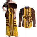 Personalized Hawthorn Hawks Couples Matching Off Shoulder Maxi Dress and Long Sleeve Button Shirt Modern Geometric Sports Graphic Style