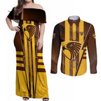 Personalized Hawthorn Hawks Couples Matching Off Shoulder Maxi Dress and Long Sleeve Button Shirt Modern Geometric Sports Graphic Style