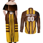 Personalized Hawthorn Hawks Couples Matching Off Shoulder Maxi Dress and Long Sleeve Button Shirt Modern Geometric Sports Graphic Style