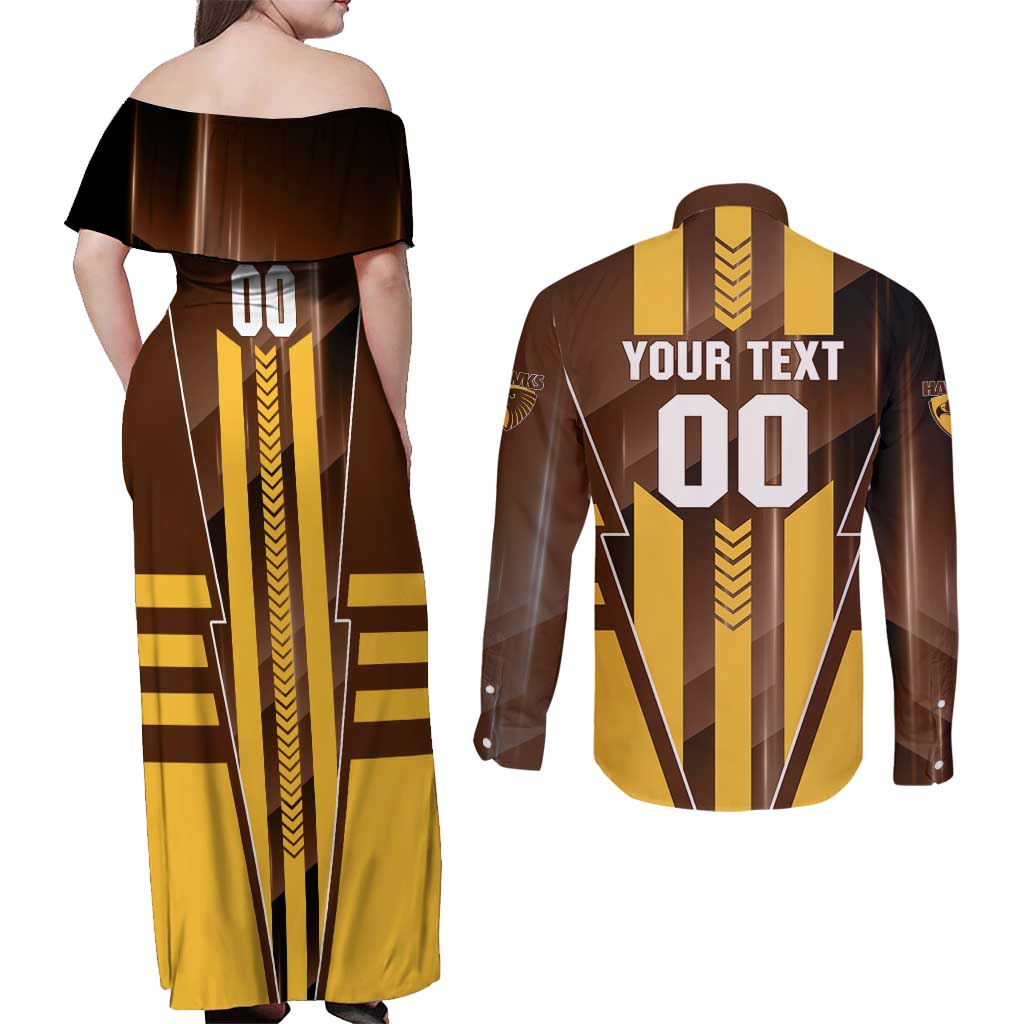 Personalized Hawthorn Hawks Couples Matching Off Shoulder Maxi Dress and Long Sleeve Button Shirt Modern Geometric Sports Graphic Style