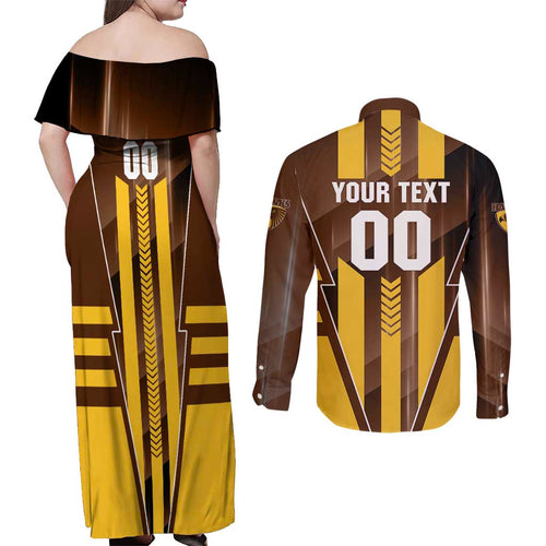 Personalized Hawthorn Hawks Couples Matching Off Shoulder Maxi Dress and Long Sleeve Button Shirt Modern Geometric Sports Graphic Style