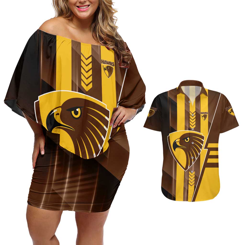Personalized Hawthorn Hawks Couples Matching Off Shoulder Short Dress and Hawaiian Shirt Modern Geometric Sports Graphic Style