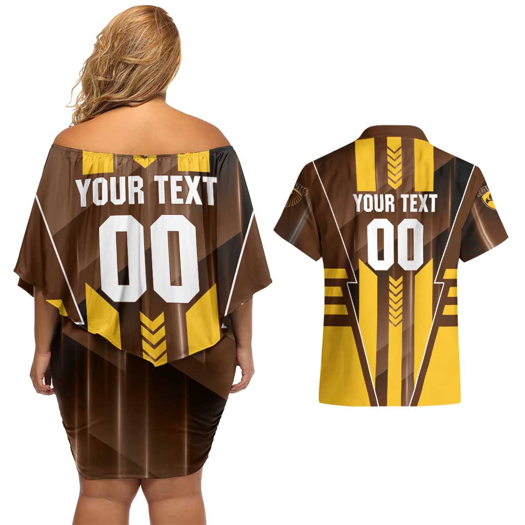 Personalized Hawthorn Hawks Couples Matching Off Shoulder Short Dress and Hawaiian Shirt Modern Geometric Sports Graphic Style