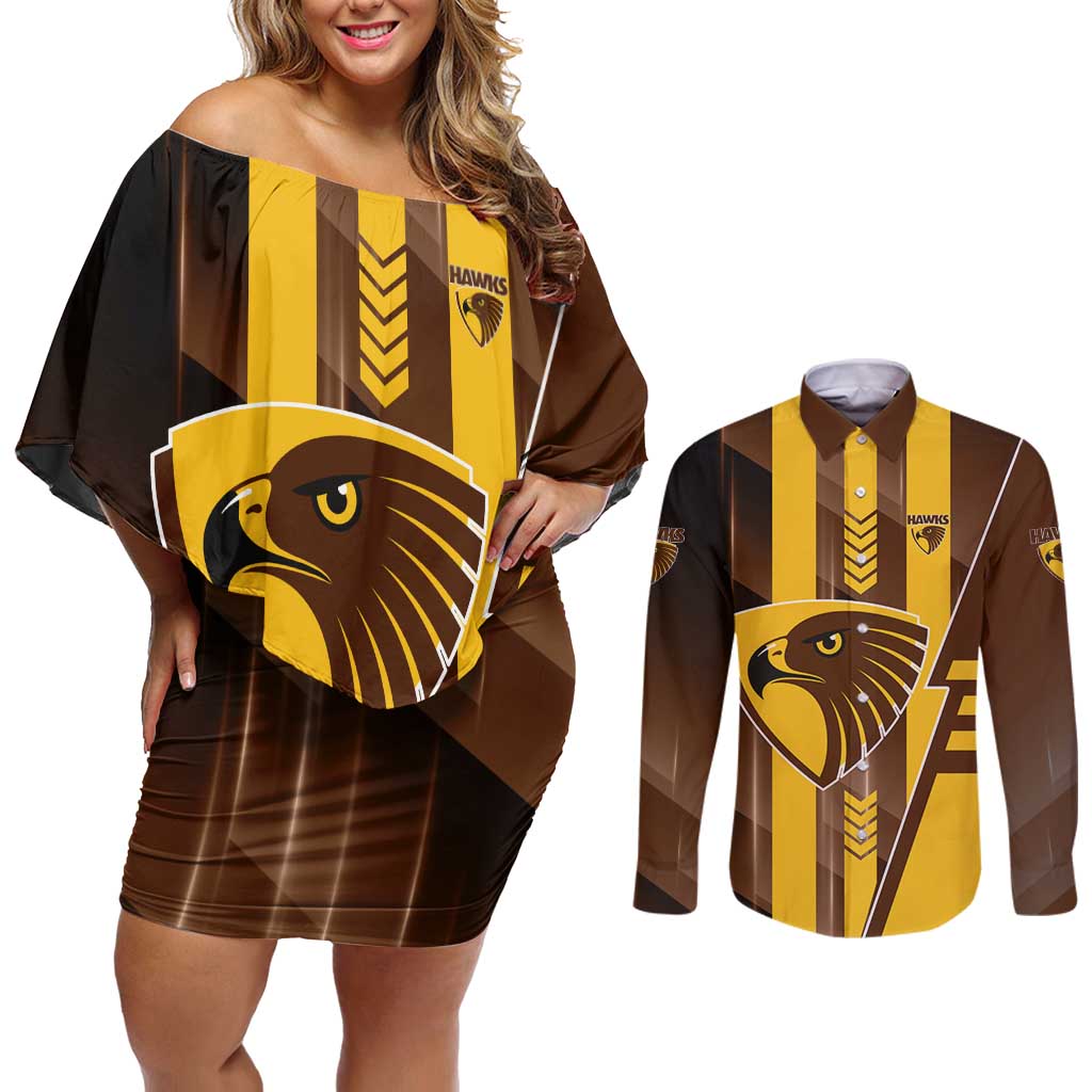 Personalized Hawthorn Hawks Couples Matching Off Shoulder Short Dress and Long Sleeve Button Shirt Modern Geometric Sports Graphic Style