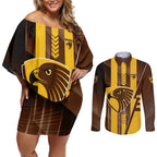 Personalized Hawthorn Hawks Couples Matching Off Shoulder Short Dress and Long Sleeve Button Shirt Modern Geometric Sports Graphic Style