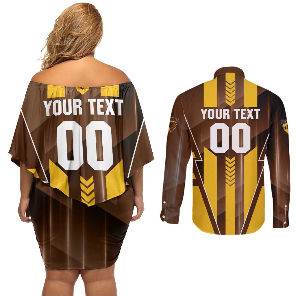 Personalized Hawthorn Hawks Couples Matching Off Shoulder Short Dress and Long Sleeve Button Shirt Modern Geometric Sports Graphic Style