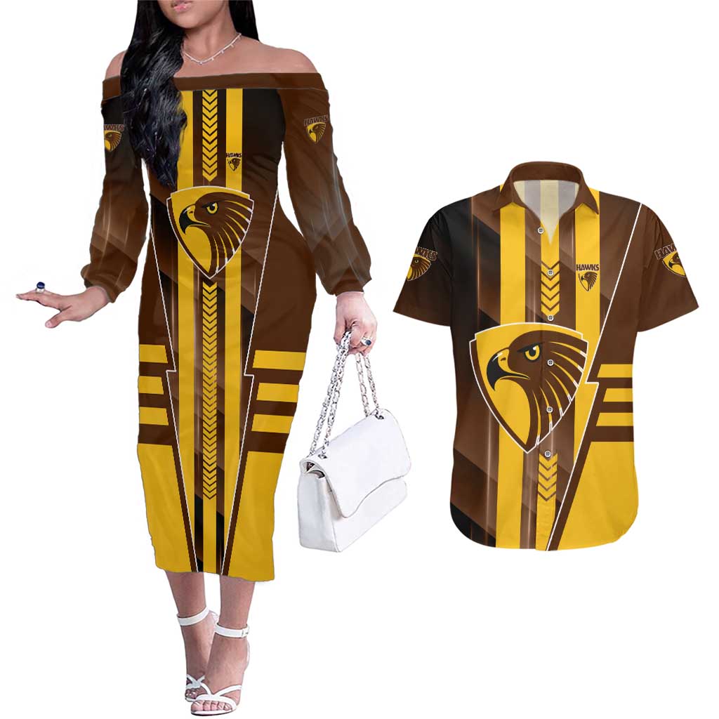 Personalized Hawthorn Hawks Couples Matching Off The Shoulder Long Sleeve Dress and Hawaiian Shirt Modern Geometric Sports Graphic Style