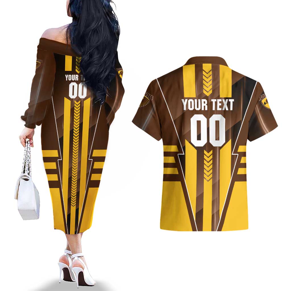Personalized Hawthorn Hawks Couples Matching Off The Shoulder Long Sleeve Dress and Hawaiian Shirt Modern Geometric Sports Graphic Style