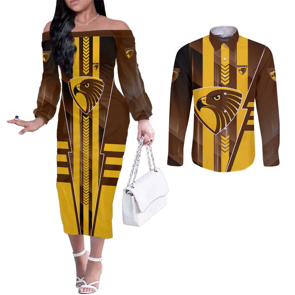 Personalized Hawthorn Hawks Couples Matching Off The Shoulder Long Sleeve Dress and Long Sleeve Button Shirt Modern Geometric Sports Graphic Style