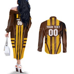 Personalized Hawthorn Hawks Couples Matching Off The Shoulder Long Sleeve Dress and Long Sleeve Button Shirt Modern Geometric Sports Graphic Style