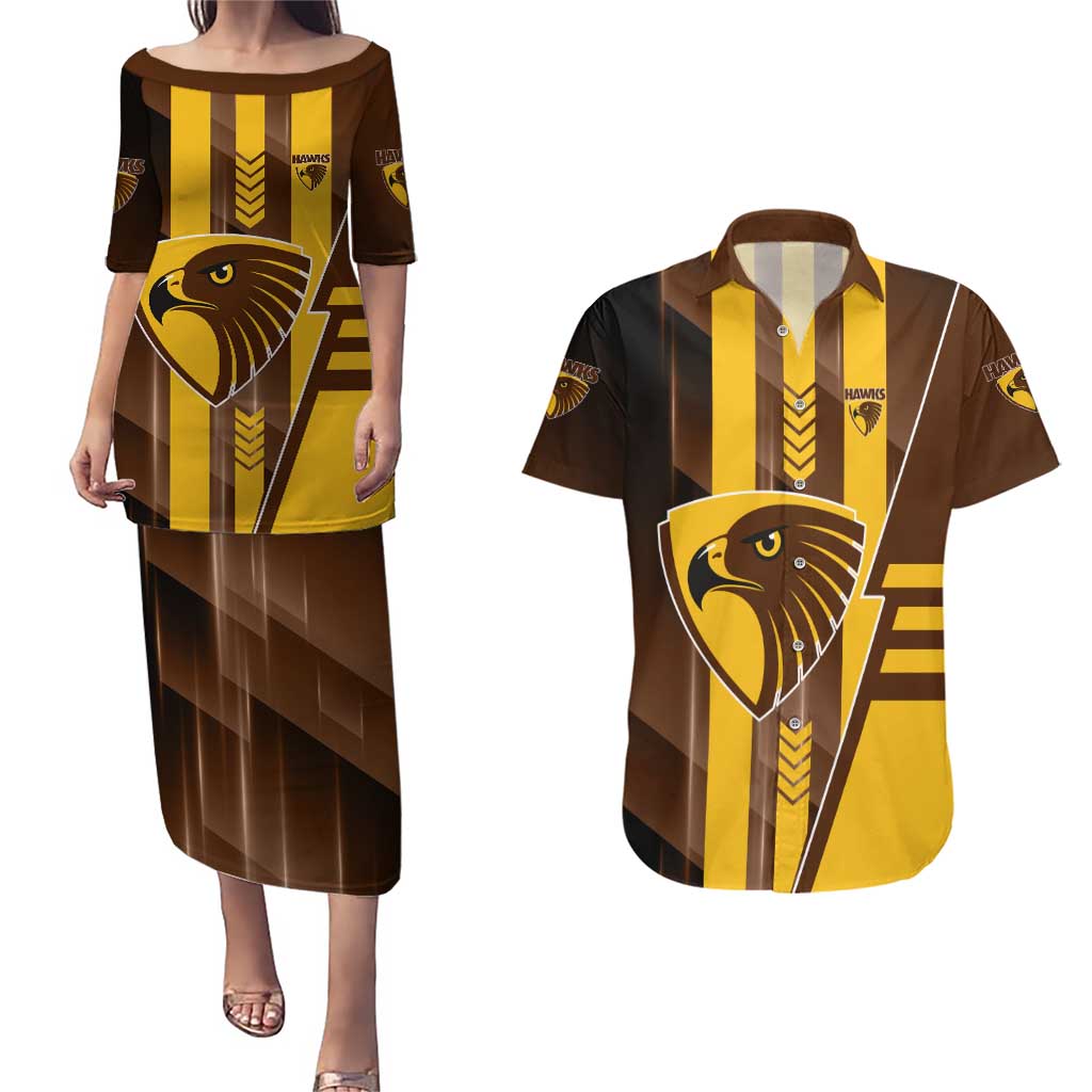 Personalized Hawthorn Hawks Couples Matching Puletasi and Hawaiian Shirt Modern Geometric Sports Graphic Style