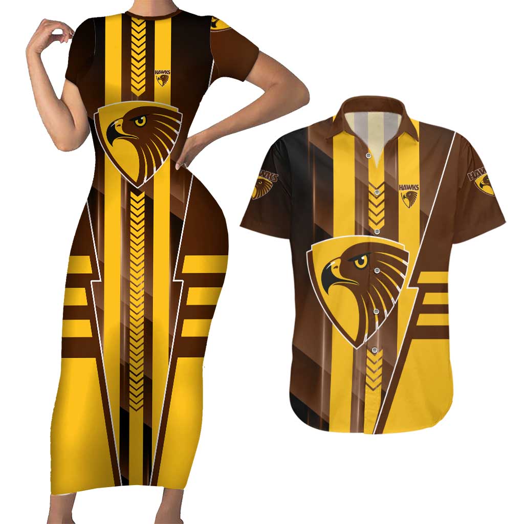 Personalized Hawthorn Hawks Couples Matching Short Sleeve Bodycon Dress and Hawaiian Shirt Modern Geometric Sports Graphic Style