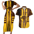 Personalized Hawthorn Hawks Couples Matching Short Sleeve Bodycon Dress and Hawaiian Shirt Modern Geometric Sports Graphic Style