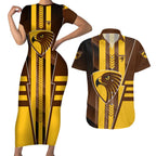 Personalized Hawthorn Hawks Couples Matching Short Sleeve Bodycon Dress and Hawaiian Shirt Modern Geometric Sports Graphic Style