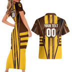 Personalized Hawthorn Hawks Couples Matching Short Sleeve Bodycon Dress and Hawaiian Shirt Modern Geometric Sports Graphic Style