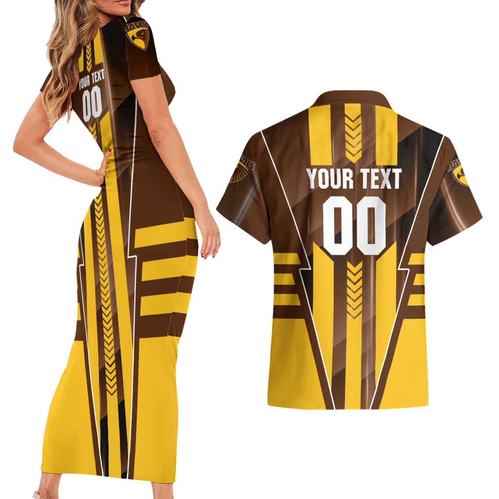 Personalized Hawthorn Hawks Couples Matching Short Sleeve Bodycon Dress and Hawaiian Shirt Modern Geometric Sports Graphic Style
