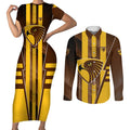 Personalized Hawthorn Hawks Couples Matching Short Sleeve Bodycon Dress and Long Sleeve Button Shirt Modern Geometric Sports Graphic Style