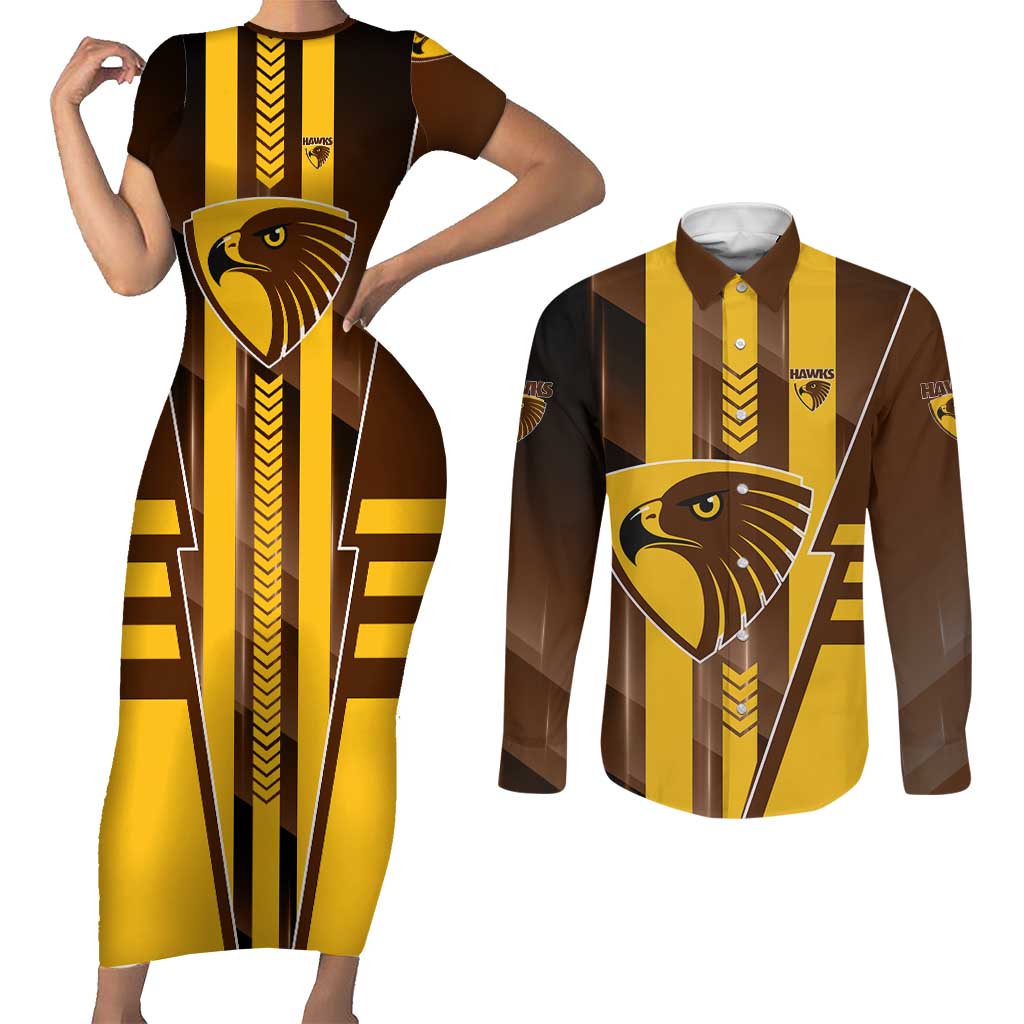 Personalized Hawthorn Hawks Couples Matching Short Sleeve Bodycon Dress and Long Sleeve Button Shirt Modern Geometric Sports Graphic Style