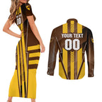 Personalized Hawthorn Hawks Couples Matching Short Sleeve Bodycon Dress and Long Sleeve Button Shirt Modern Geometric Sports Graphic Style