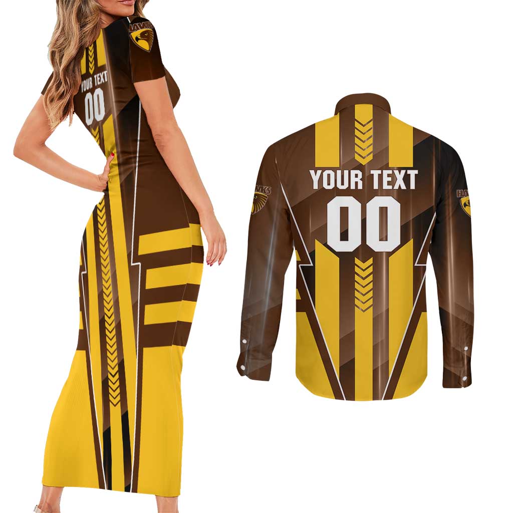 Personalized Hawthorn Hawks Couples Matching Short Sleeve Bodycon Dress and Long Sleeve Button Shirt Modern Geometric Sports Graphic Style